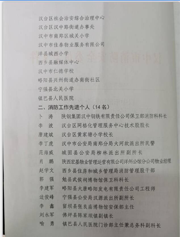 卜濤獲得漢中市消防工作先進個人 榮譽稱號